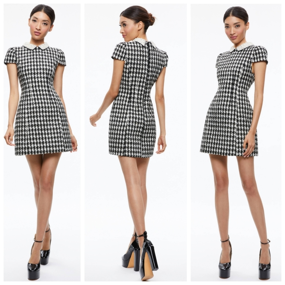Alice + Olivia Velia Tweed Mini Dress Black Crystal Pearl Collar Size 10 - Picture 3 of 15